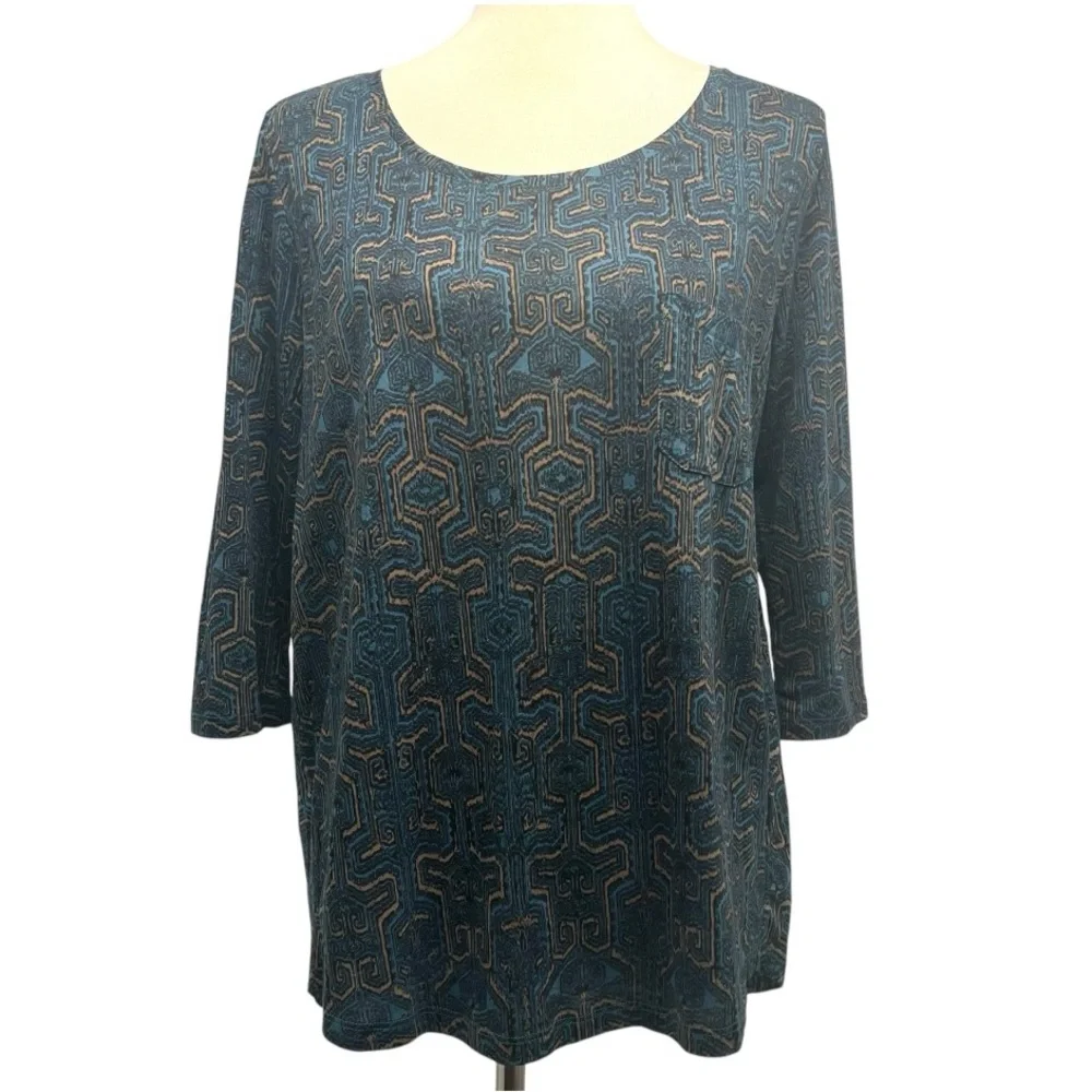 Peruvian Connection Teal Printed Scoop Neck 3/4 Sleeves Casual Blouse Medium